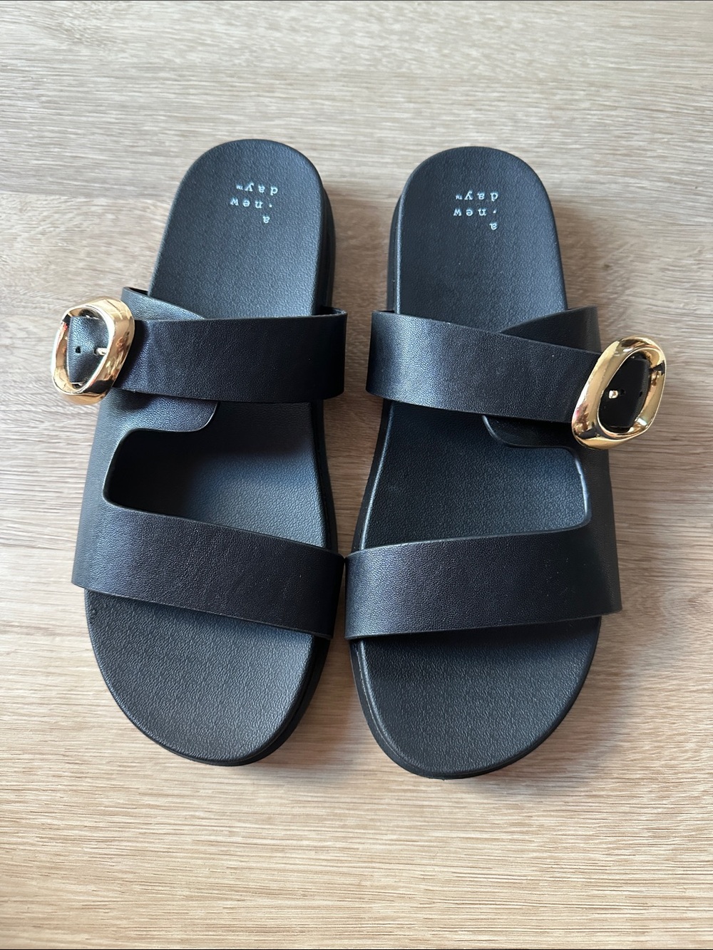 Women's Black Slide Sandals with Gold Buckle - Sleek Double-Strap Slip-On